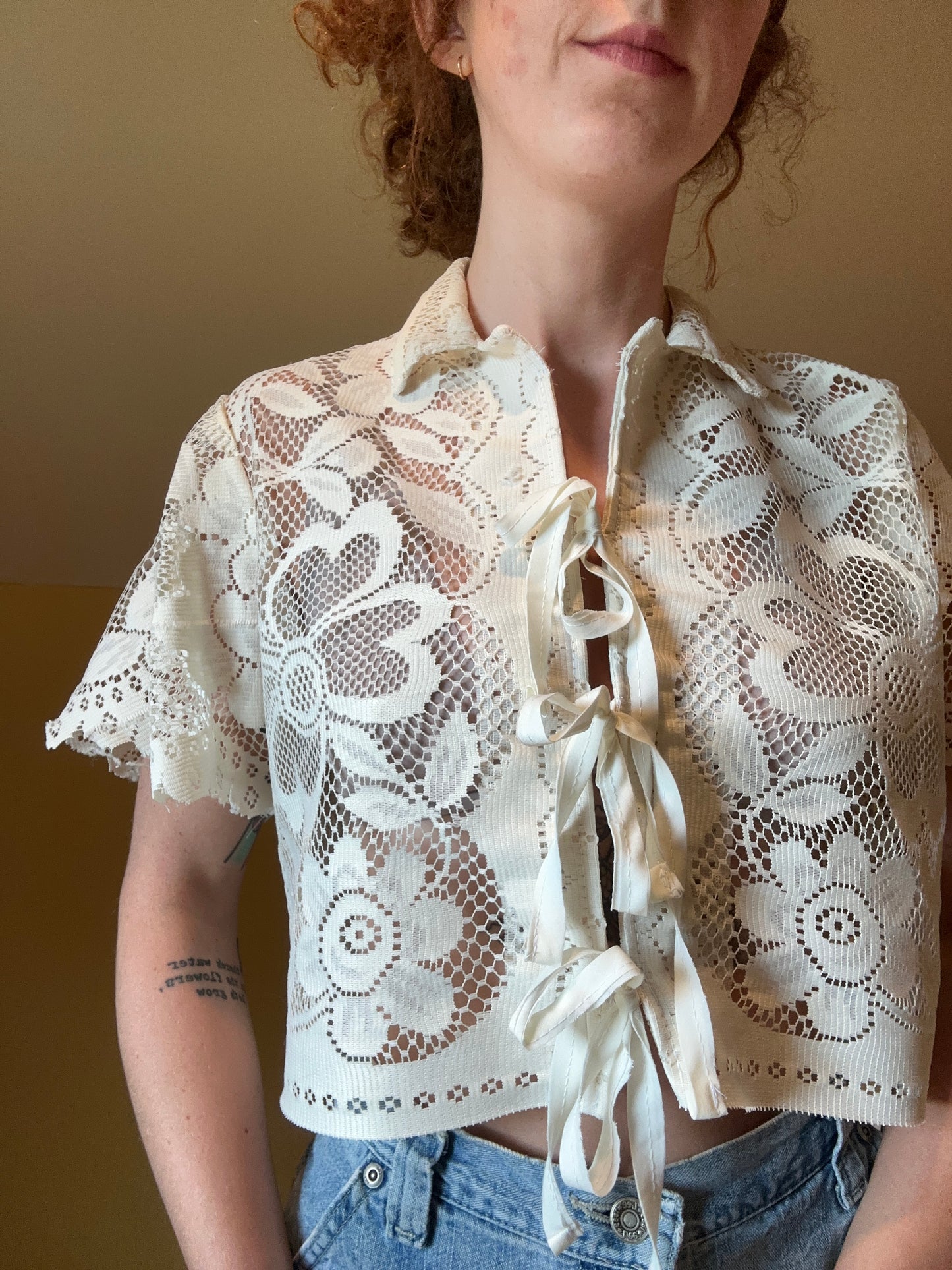 upcycled vintage lace front tie shirt
