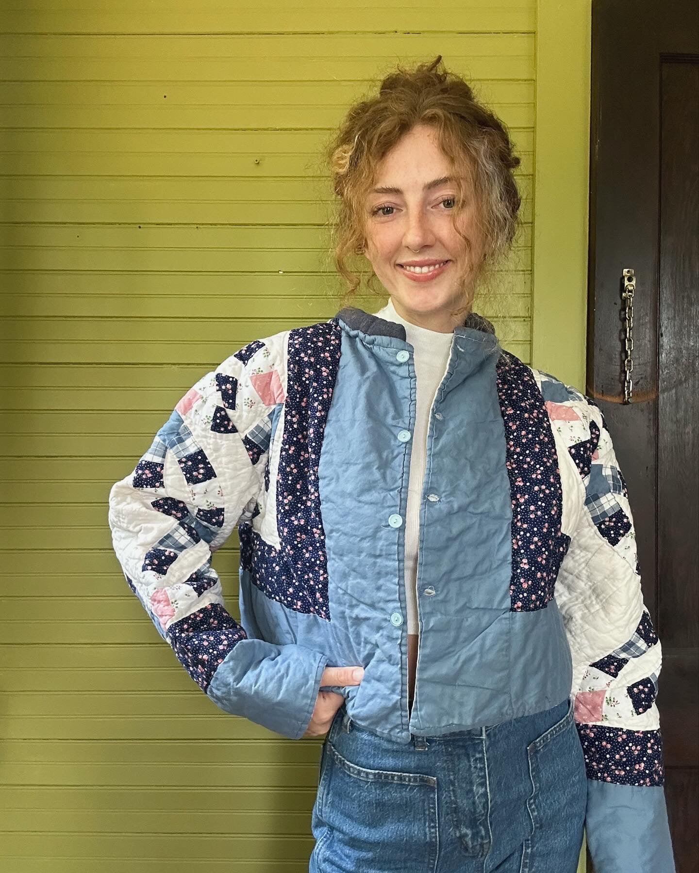 Upcycled Double Wedding Ring Blue Quilt Cat