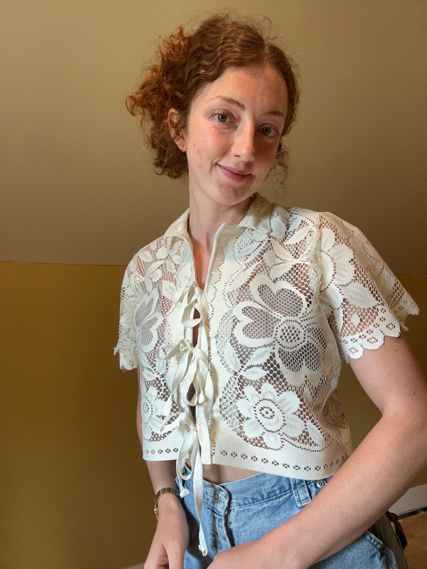 upcycled vintage lace front tie shirt
