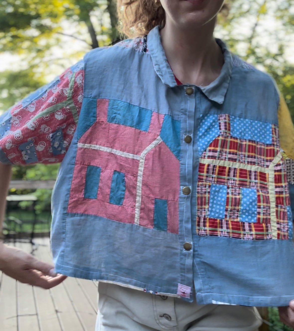 upcycled house quilt topper button up