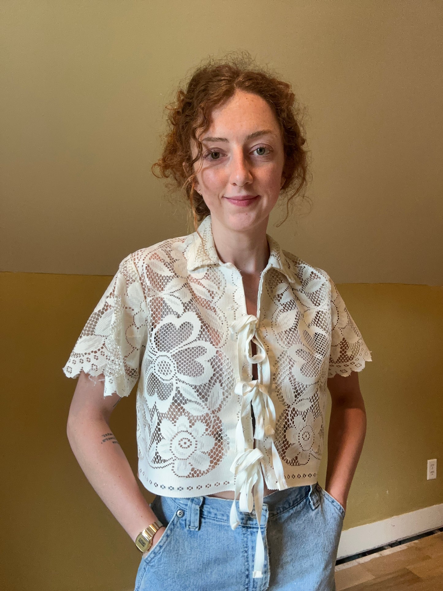 upcycled vintage lace front tie shirt