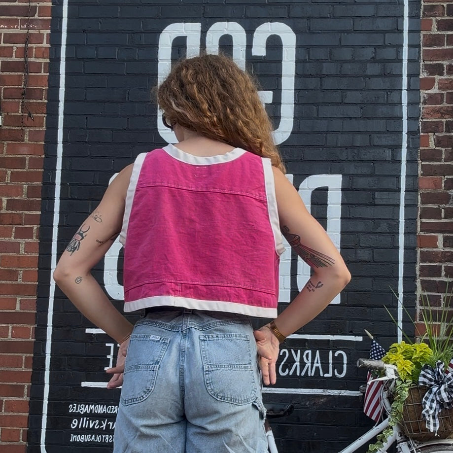 upcycled pink denim vest