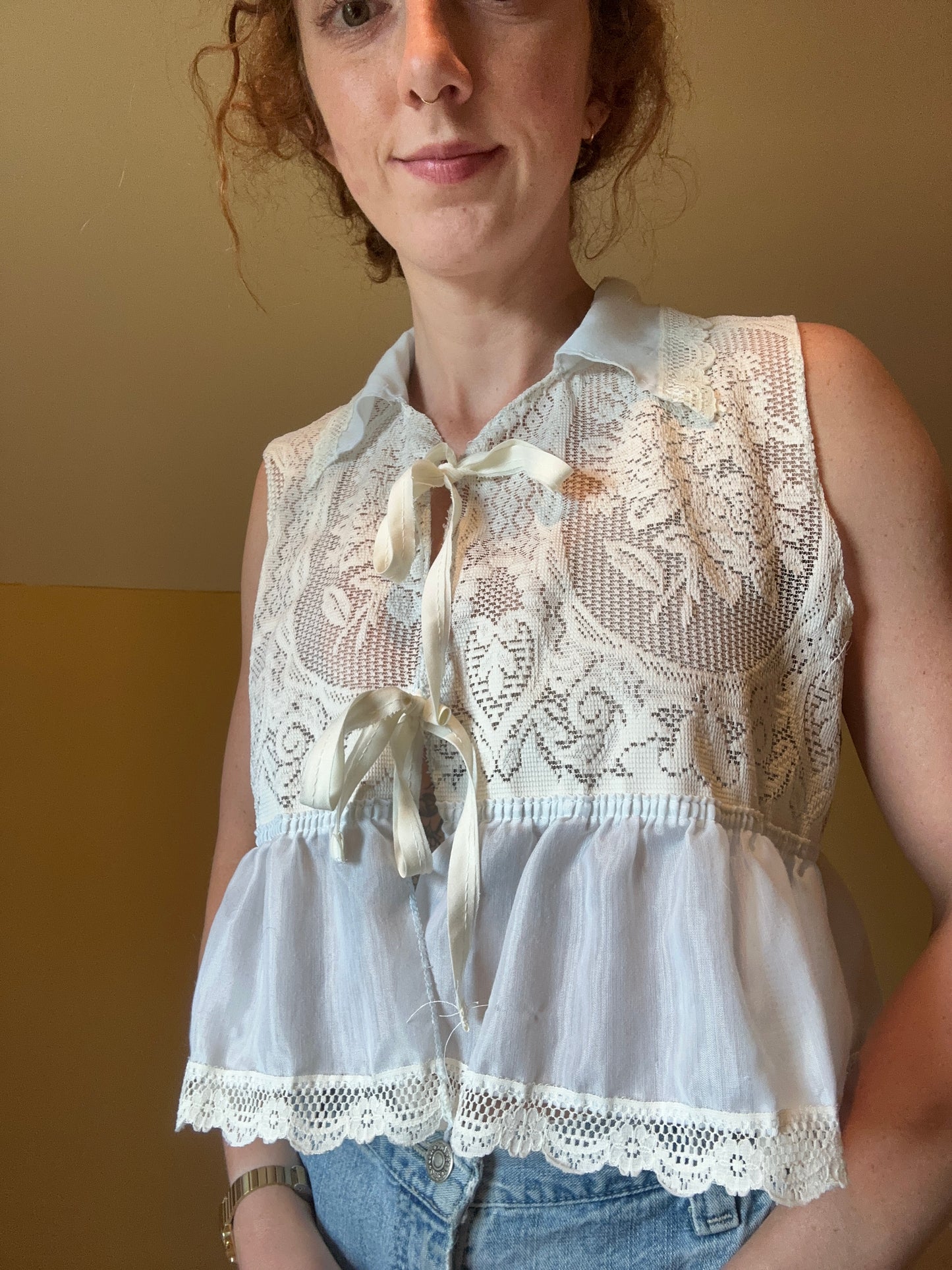 upcycled vintage lace front tie vest