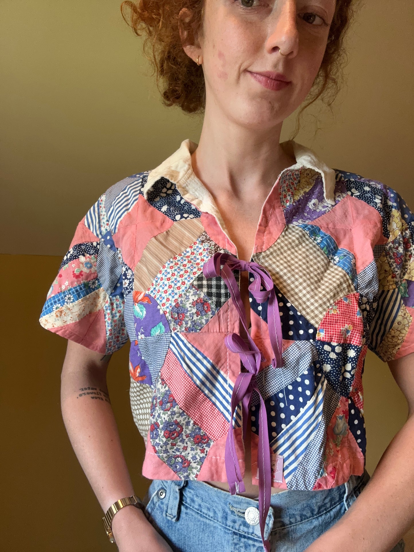 upcycled vintage quilt topper front tie shirt