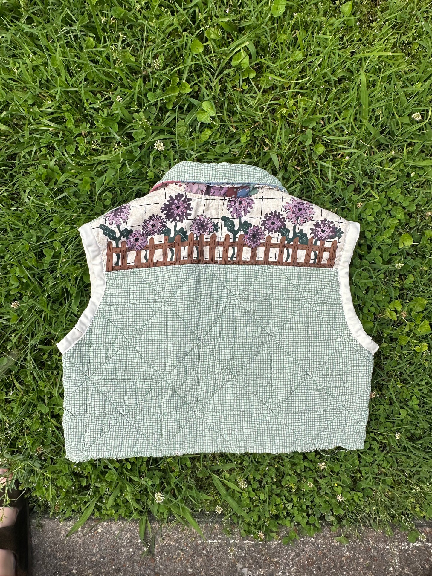 upcycled vintage quilt vest with flower yoke