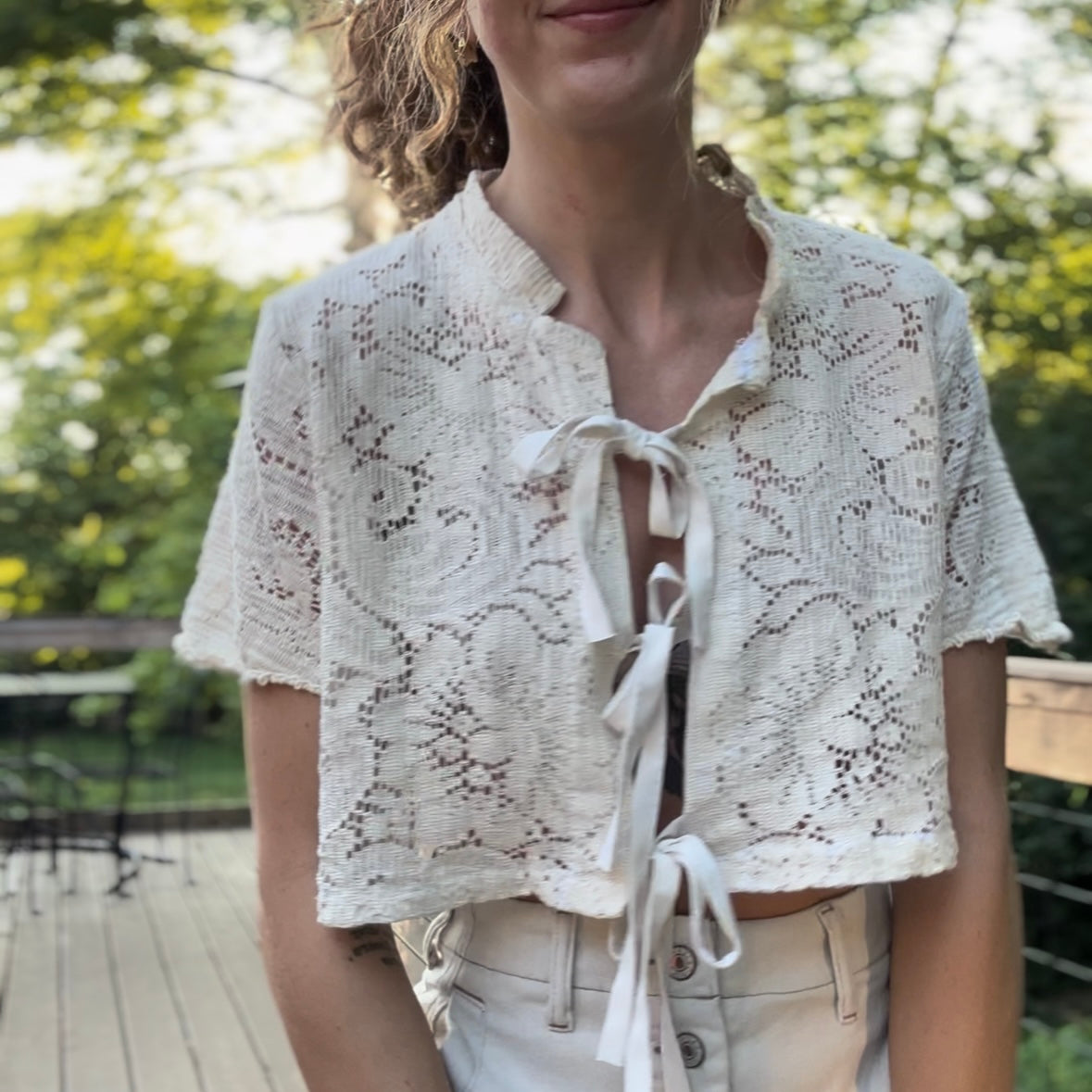 upcycled vintage scranton 100% cotton lace tablecloth front tie shirt