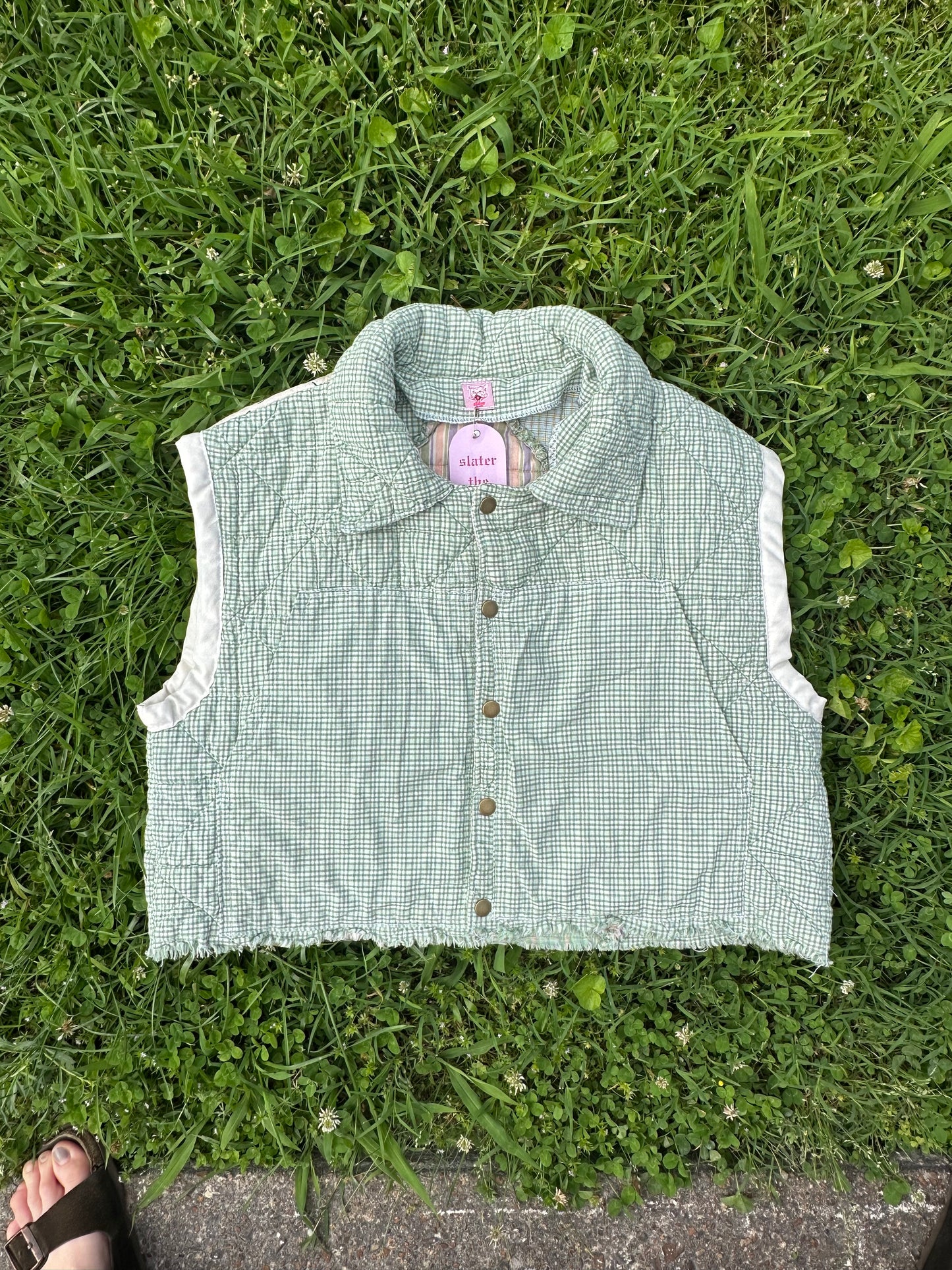 upcycled vintage quilt vest with flower yoke