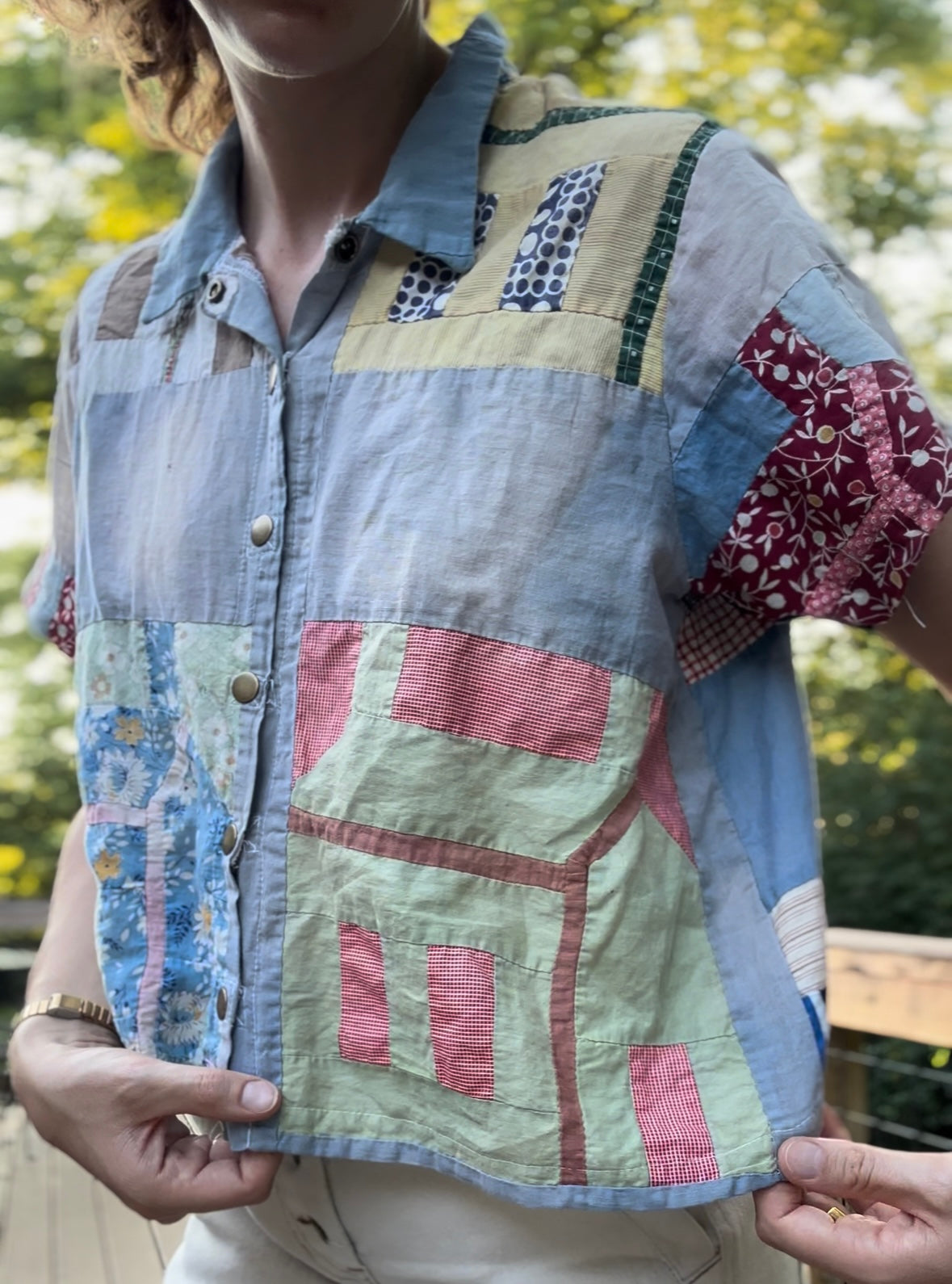 upcycled house quilt topper button up