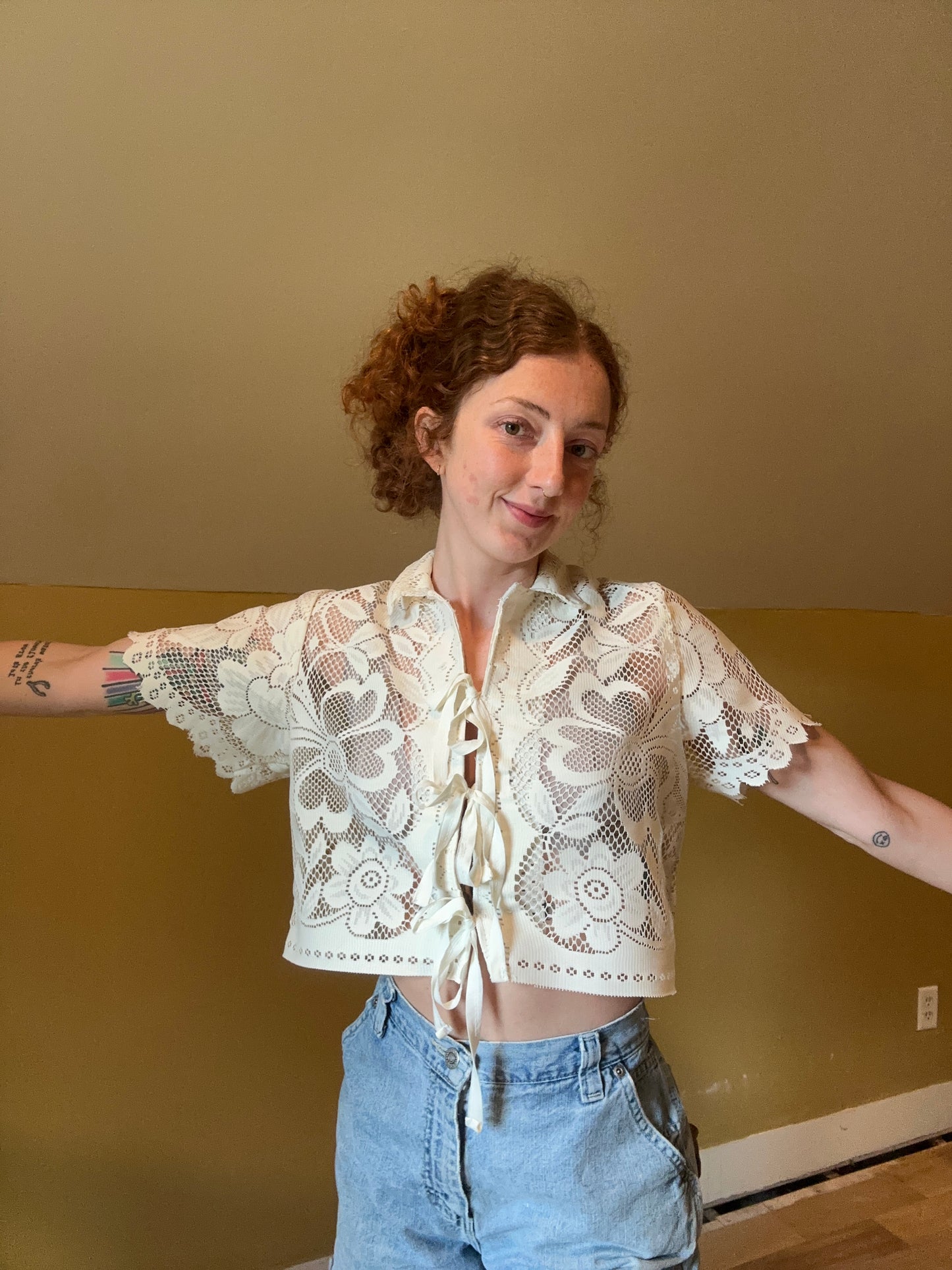 upcycled vintage lace front tie shirt