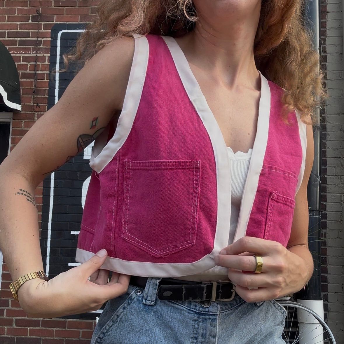 upcycled pink denim vest