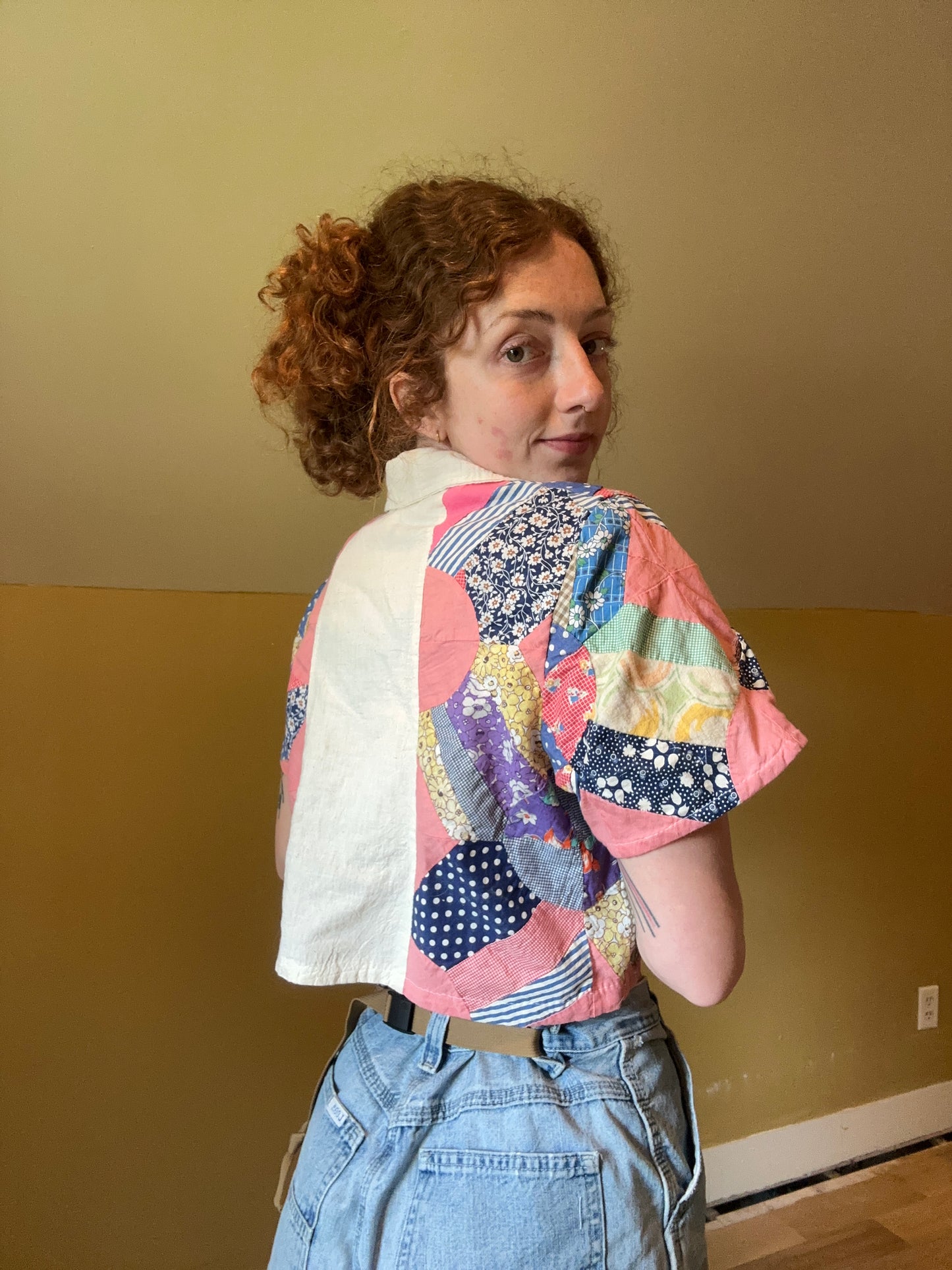 upcycled vintage quilt topper front tie shirt