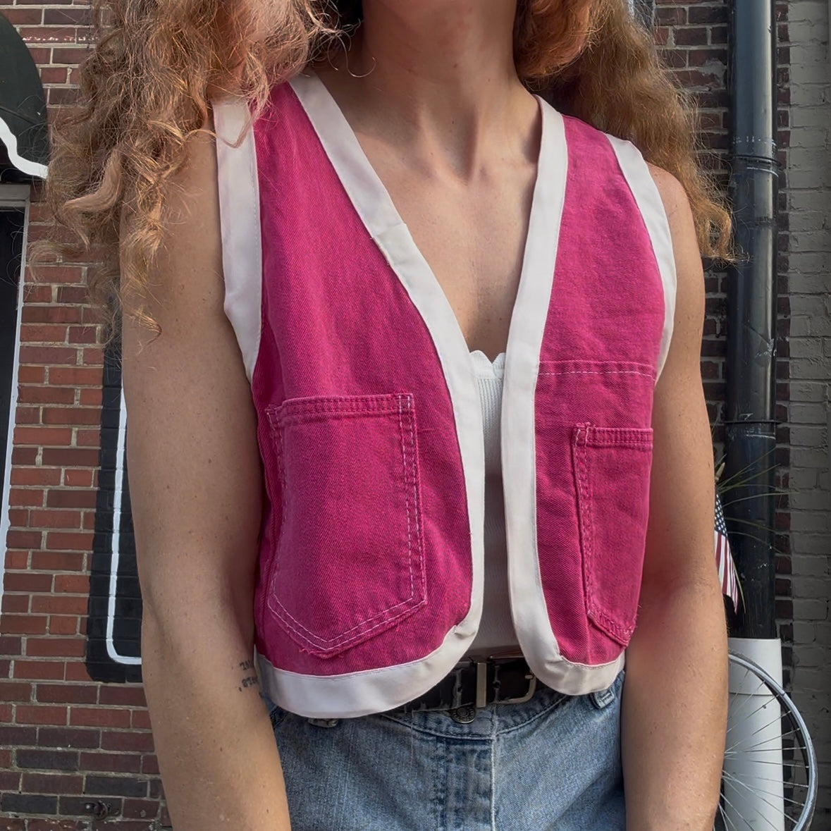 upcycled pink denim vest