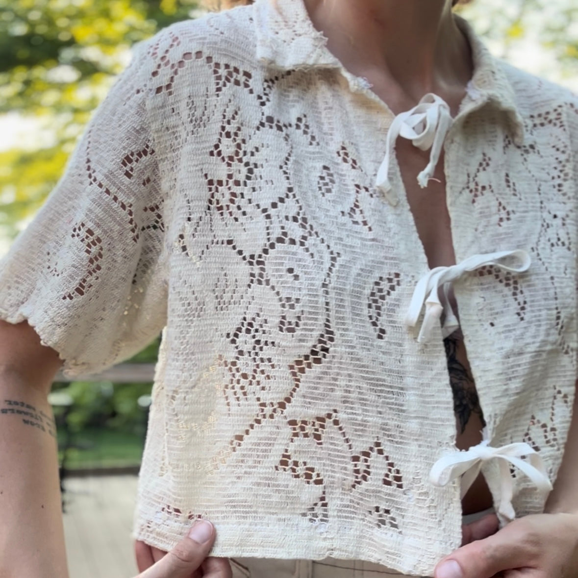 upcycled vintage scranton 100% cotton lace tablecloth front tie shirt