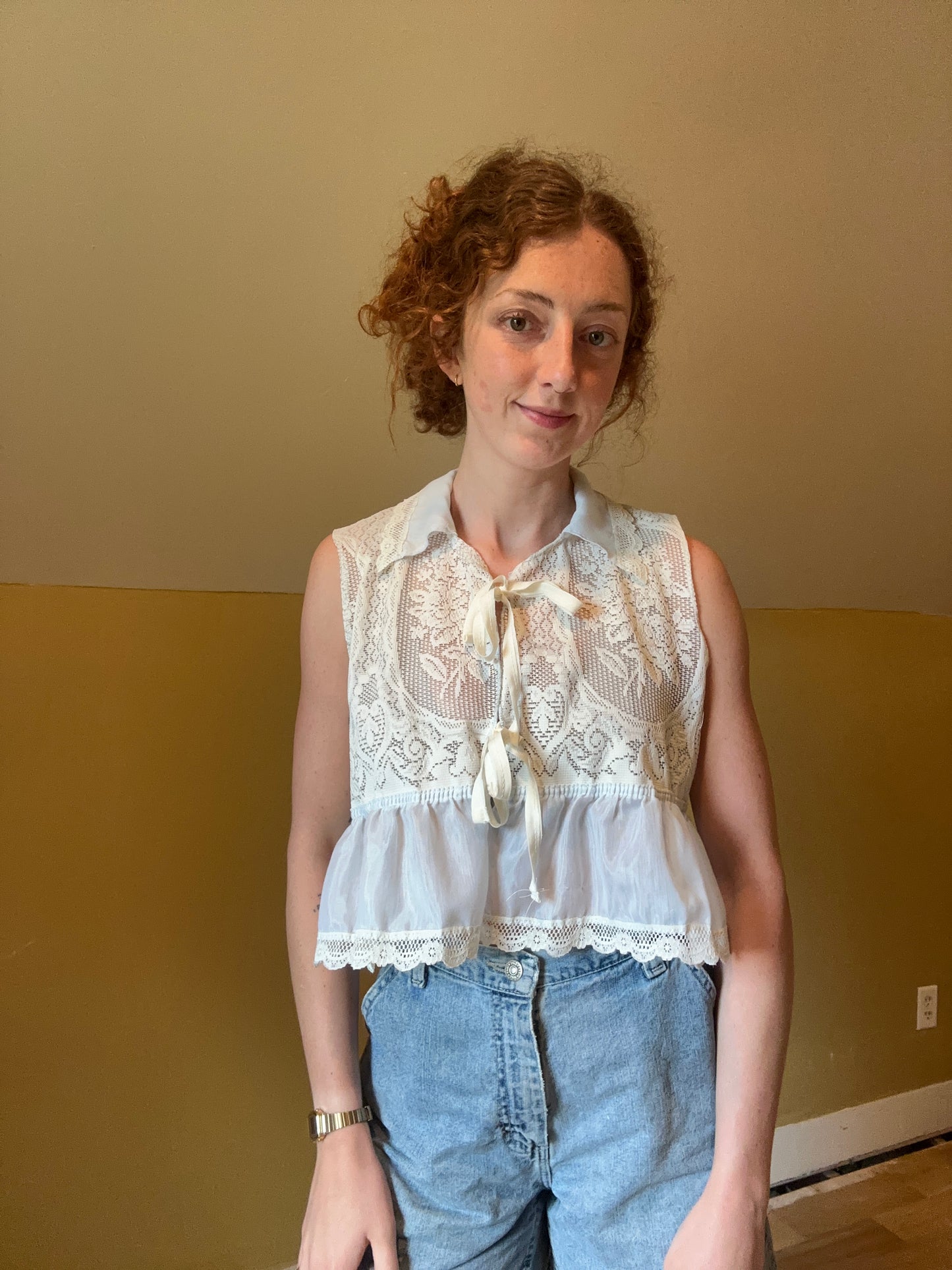 upcycled vintage lace front tie vest
