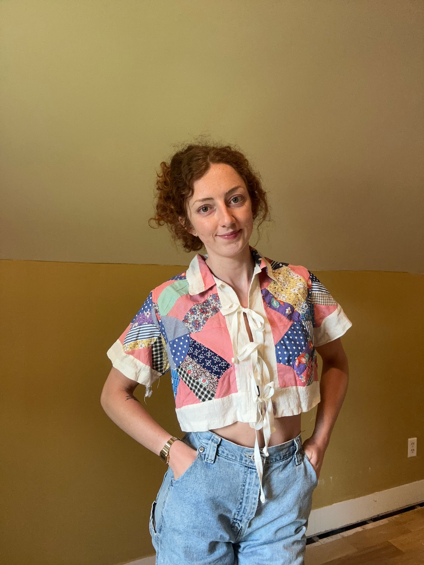 upcycled vintage quilt topper front tie shirt