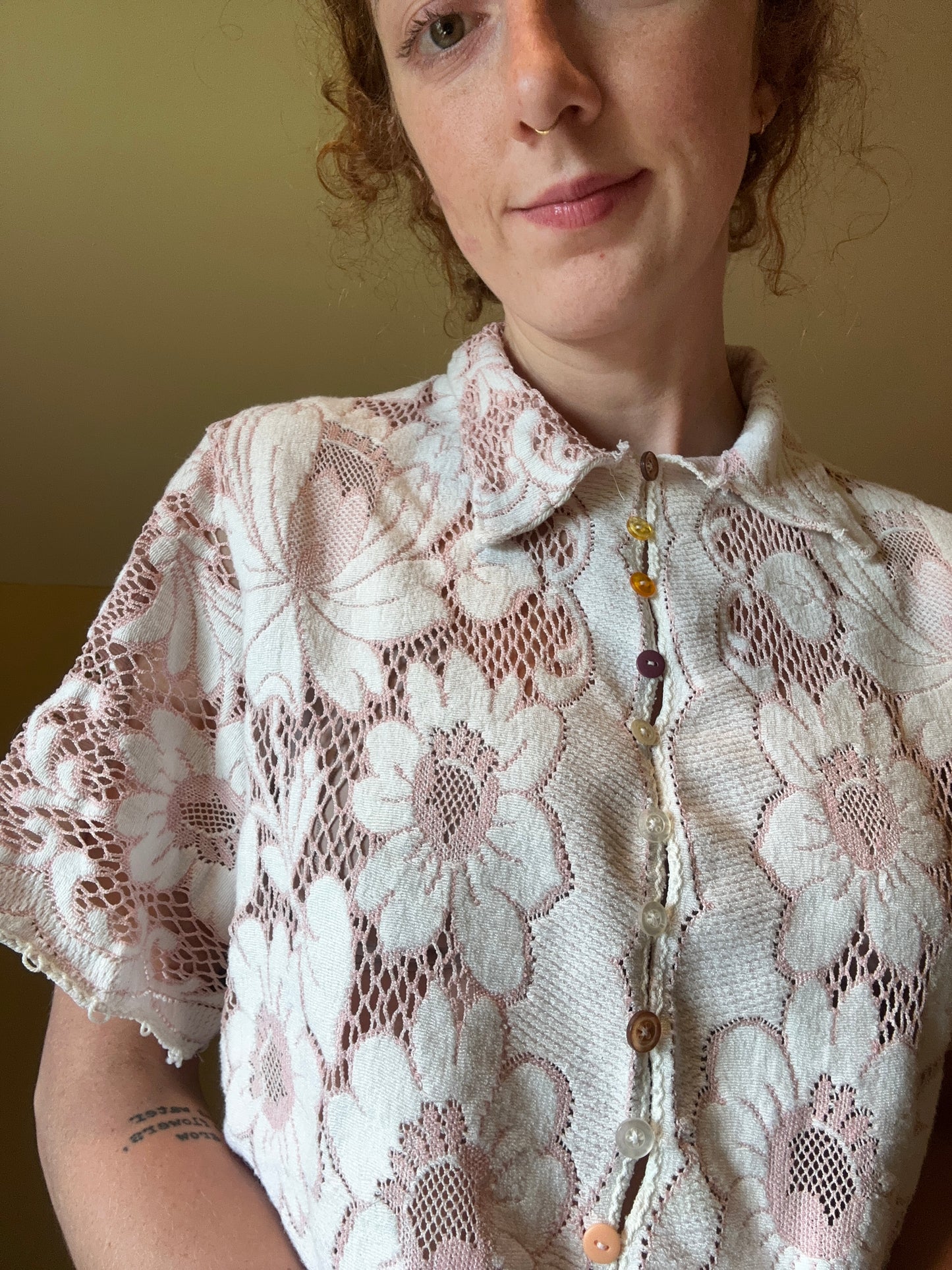 upcycled vintage Quaker lace button up shirt