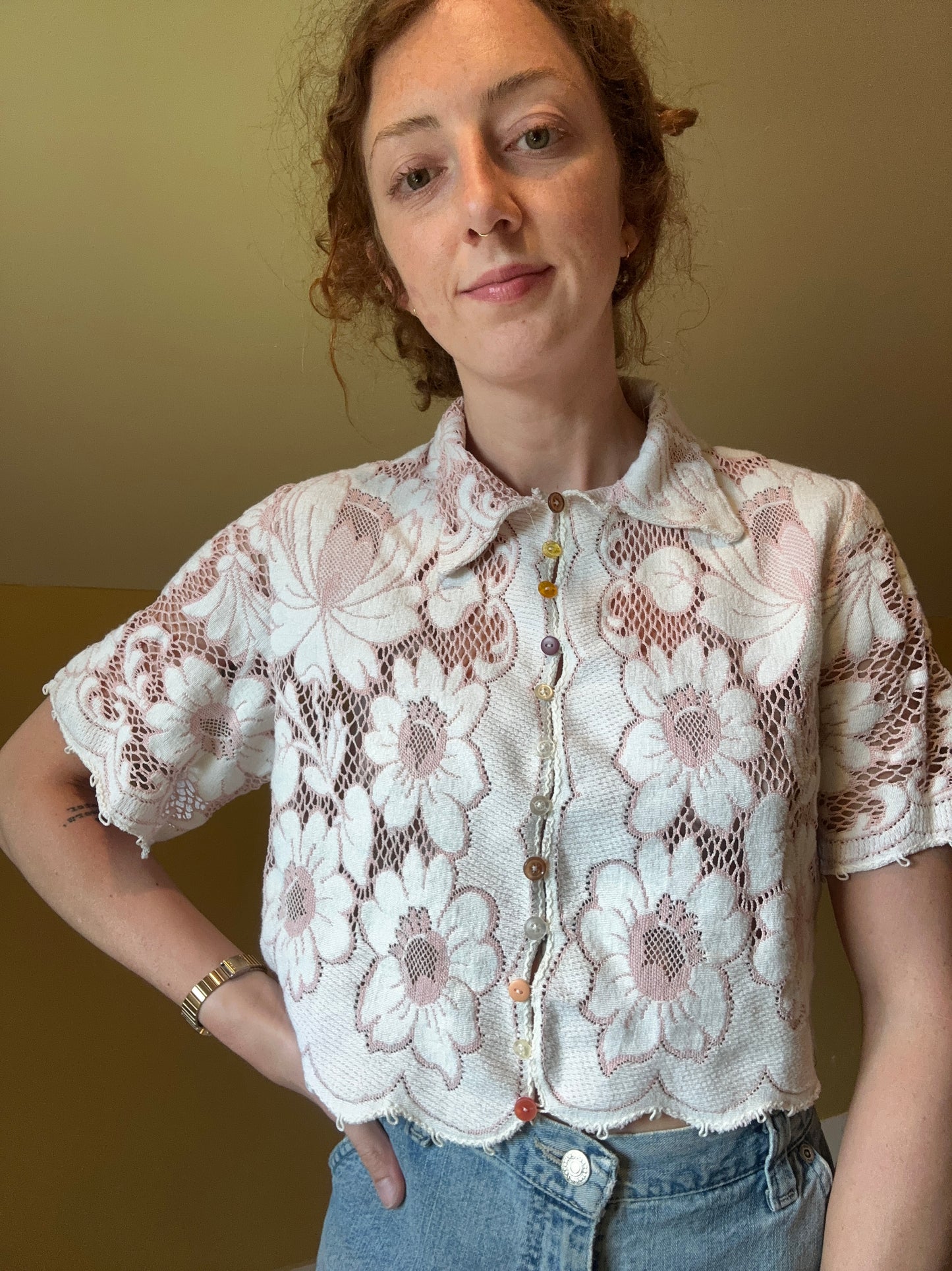 upcycled vintage Quaker lace button up shirt