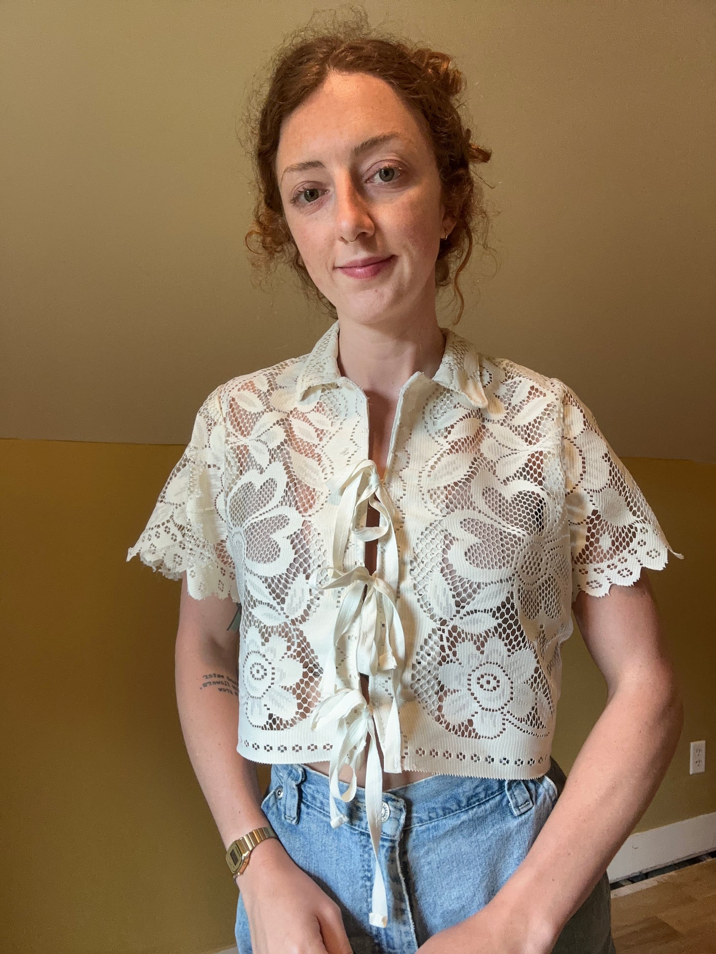 upcycled vintage lace front tie shirt