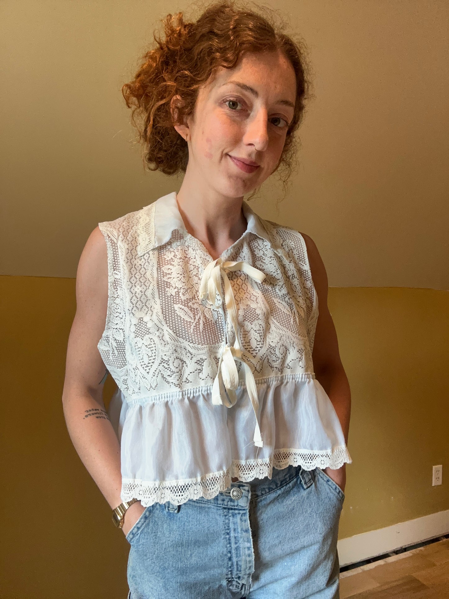 upcycled vintage lace front tie vest