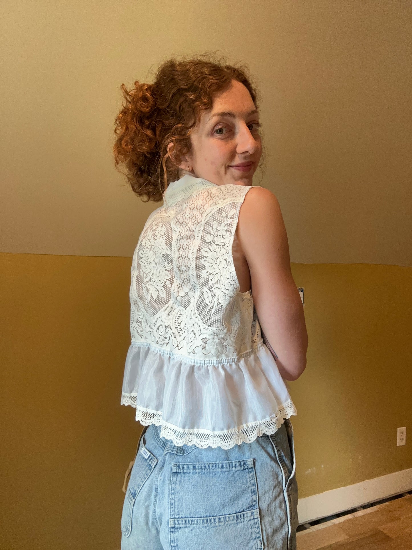 upcycled vintage lace front tie vest