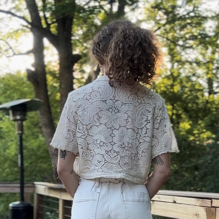upcycled vintage scranton 100% cotton lace tablecloth front tie shirt