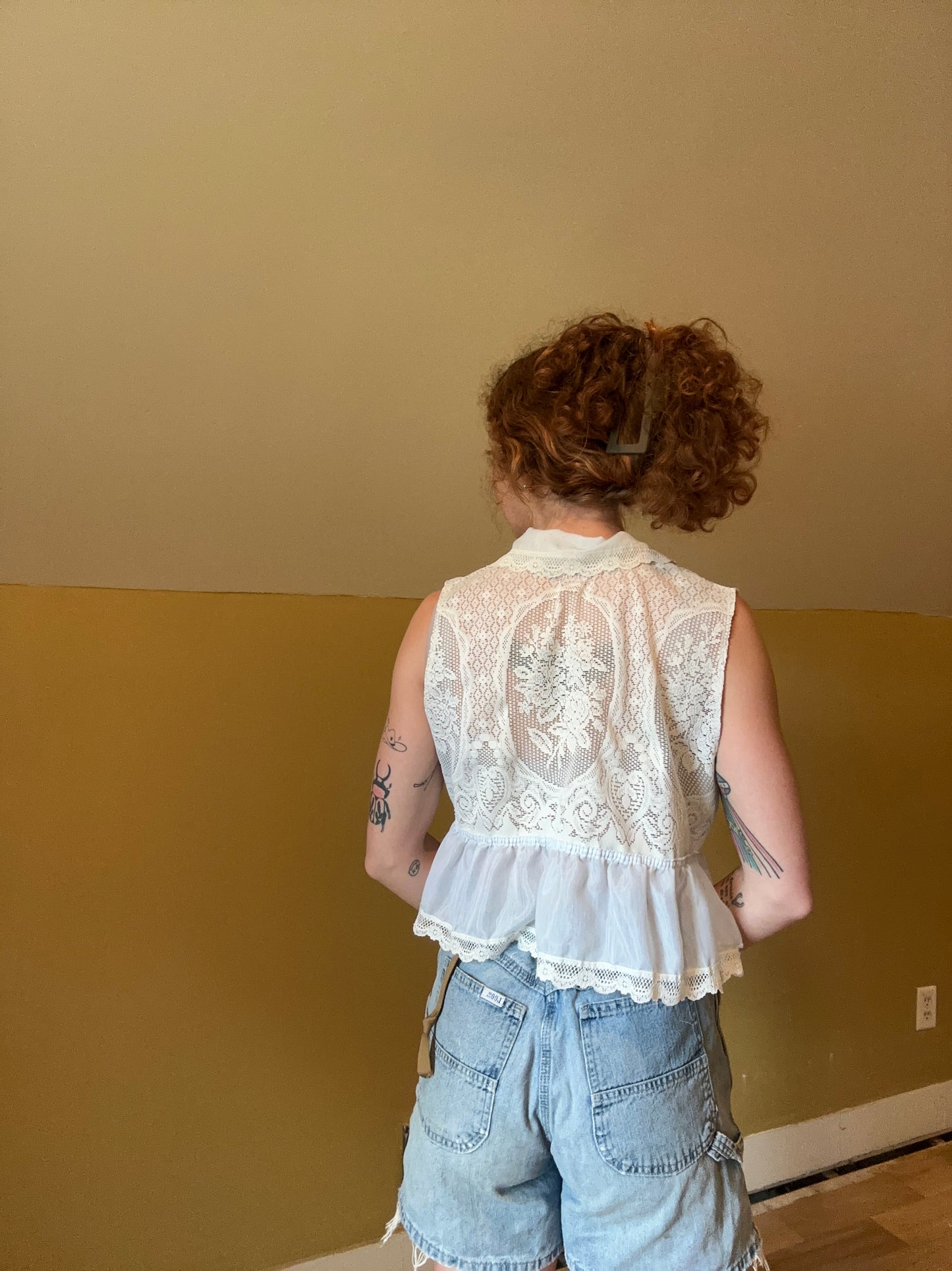 upcycled vintage lace front tie vest