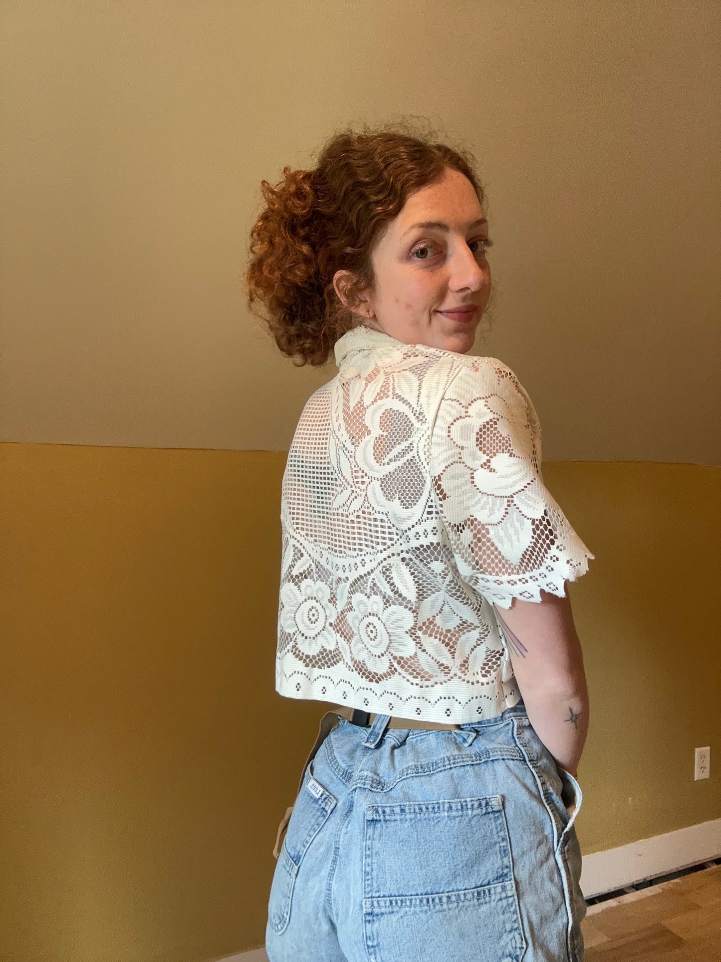 upcycled vintage lace front tie shirt