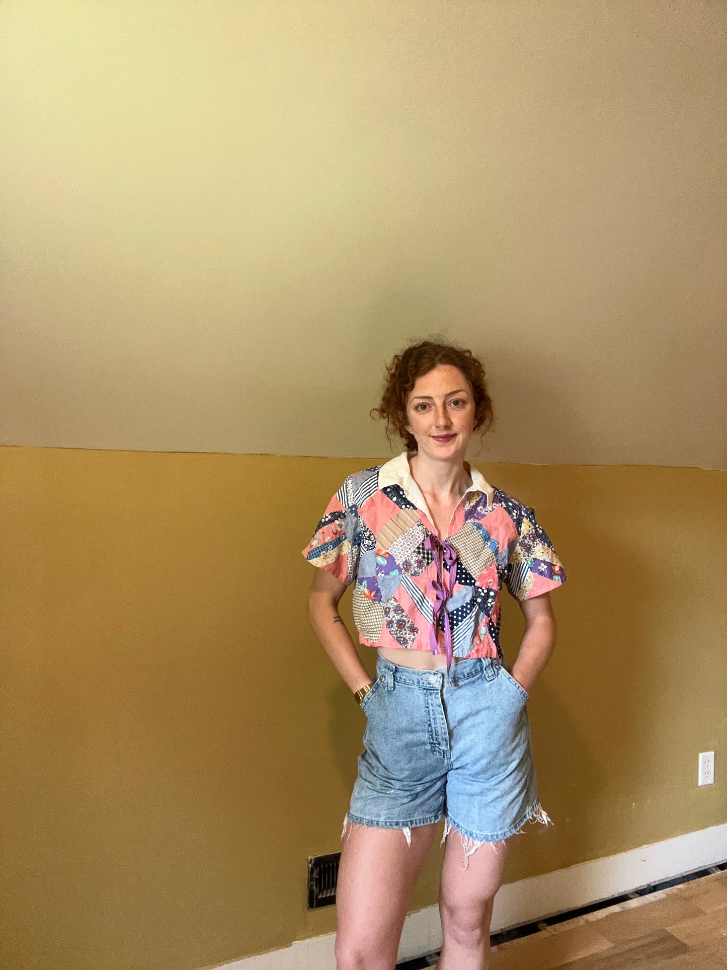 upcycled vintage quilt topper front tie shirt