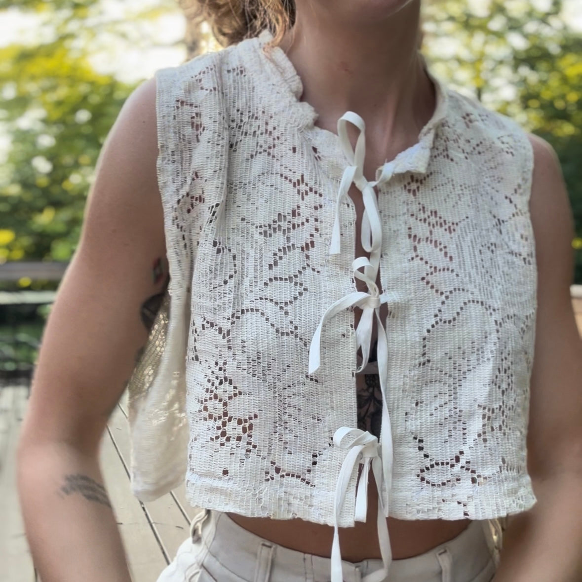upcycled vintage scranton 100% cotton lace tablecloth front tie vest