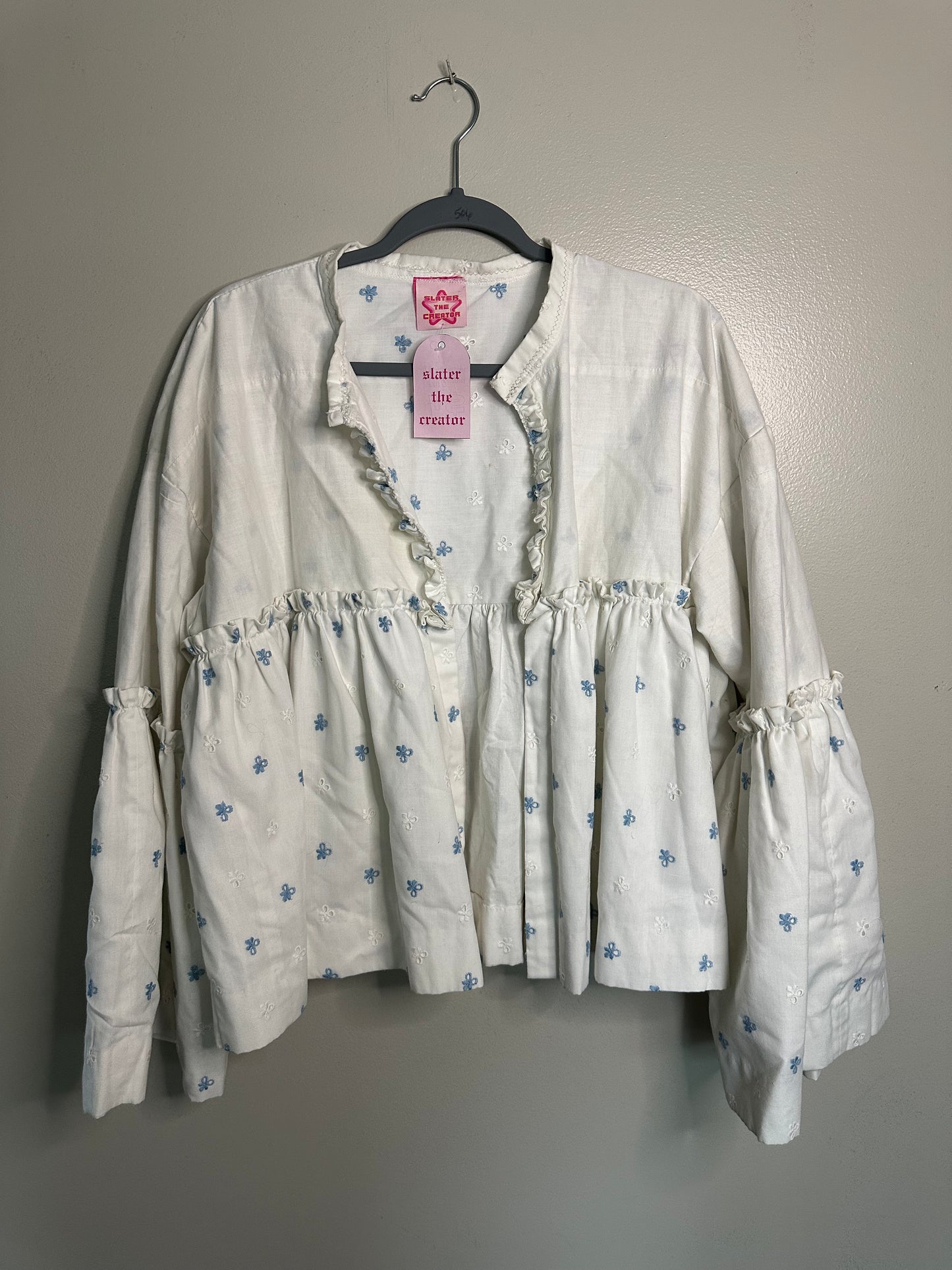 Upcycled Blue + White Eyelet Cardigan