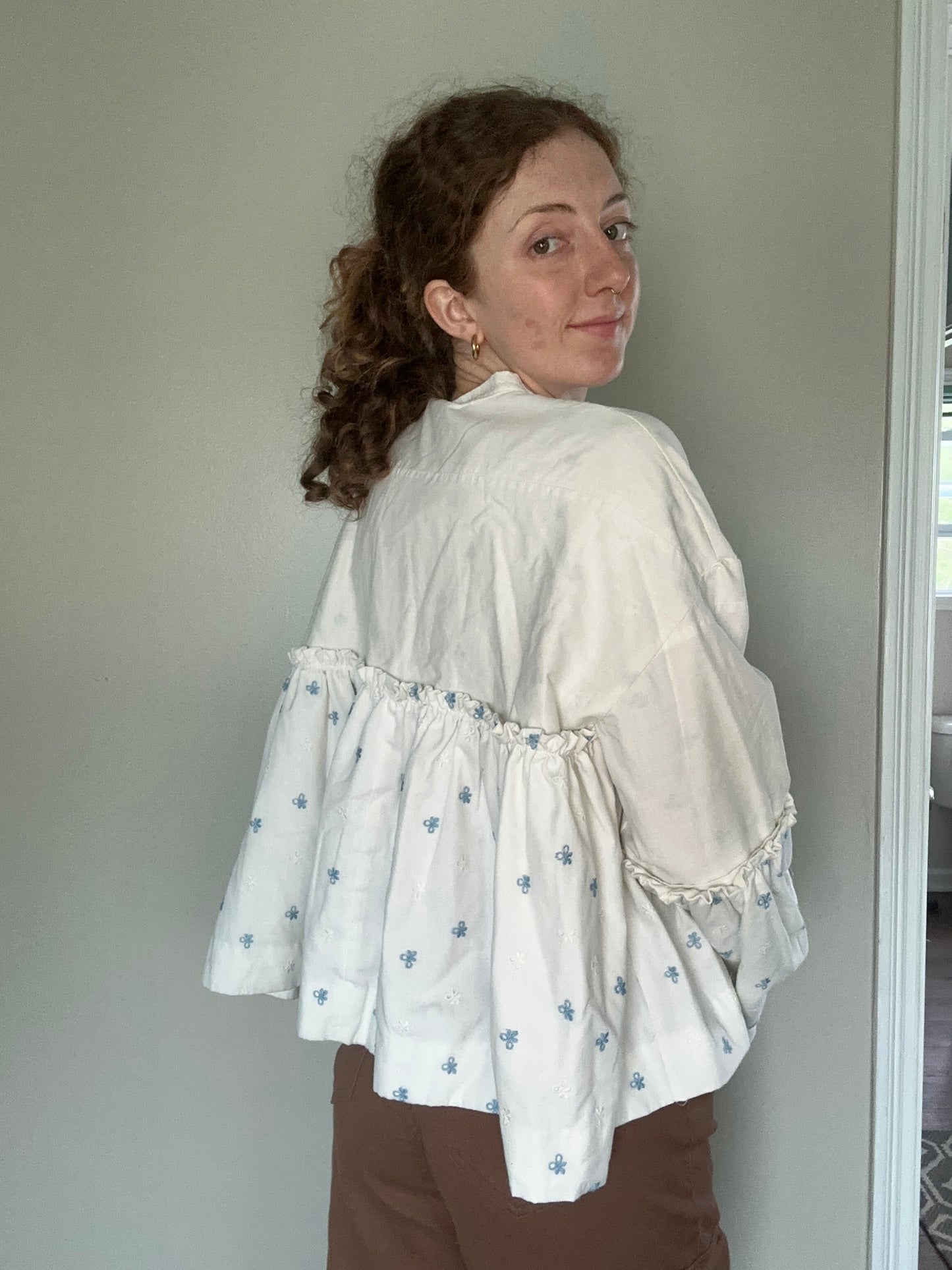 Upcycled Blue + White Eyelet Cardigan