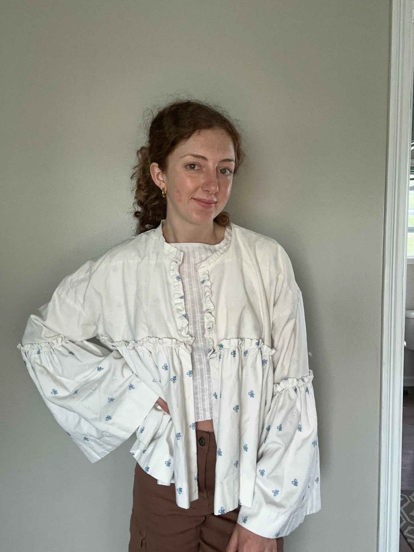 Upcycled Blue + White Eyelet Cardigan