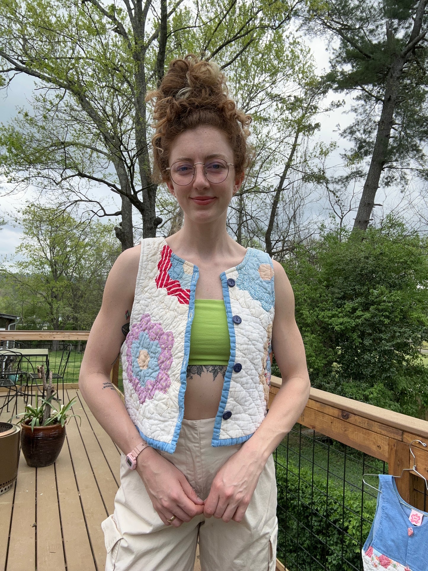 upcycled quilted vest with blueberry buttons