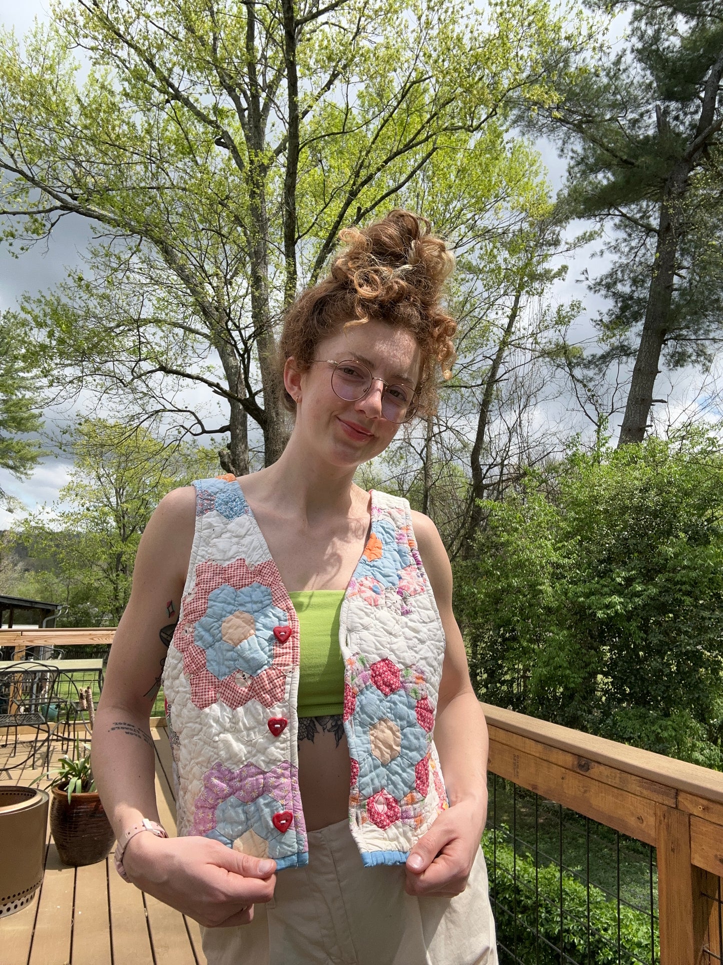 quilted vest with heart buttons