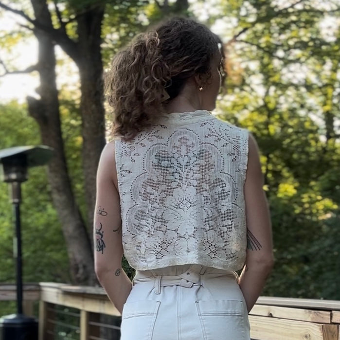 upcycled vintage scranton 100% cotton lace tablecloth front tie vest