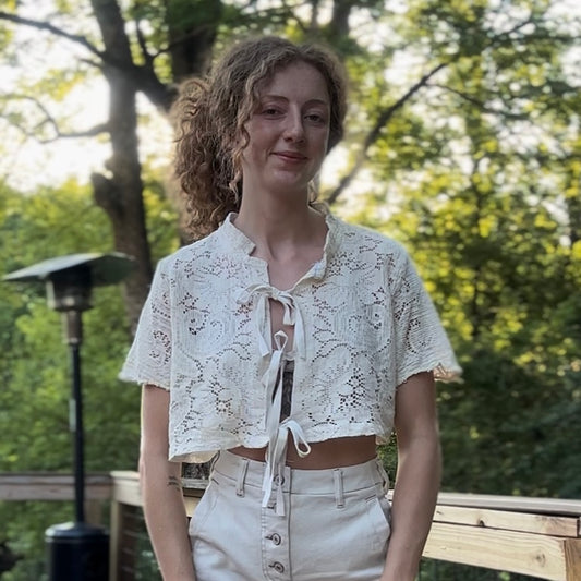 upcycled vintage scranton 100% cotton lace tablecloth front tie shirt