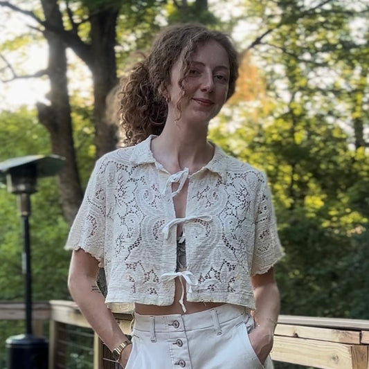 upcycled vintage scranton 100% cotton lace tablecloth front tie shirt