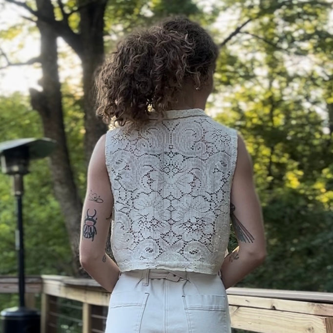 upcycled vintage scranton 100% cotton lace tablecloth front tie vest