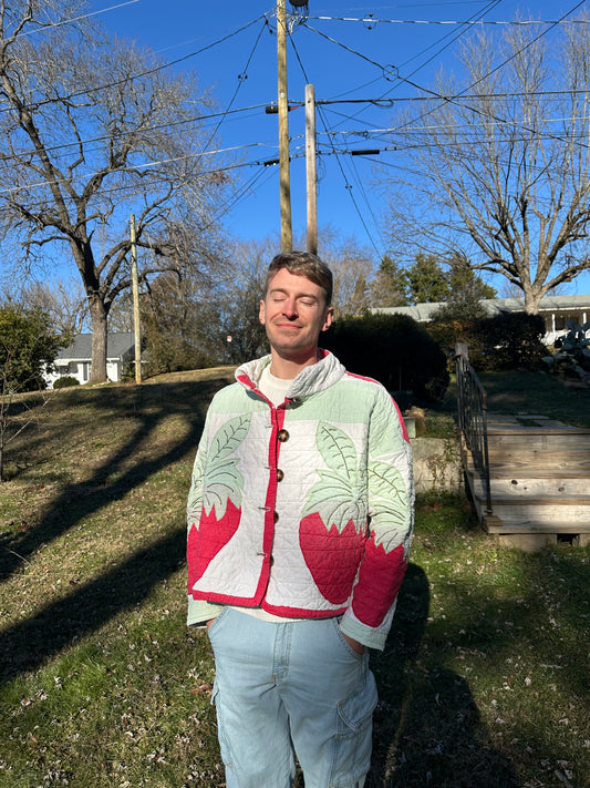 Vintage Upcycled Strawberry Quilt Coat