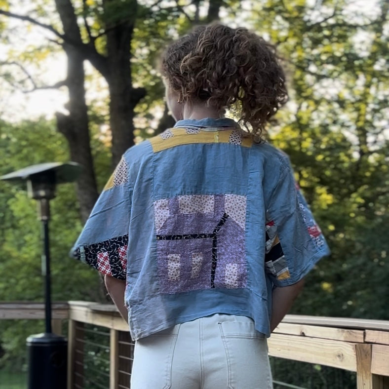 upcycled house quilt topper button up