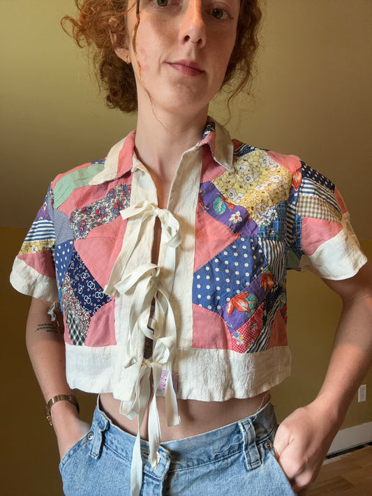 upcycled vintage quilt topper front tie shirt