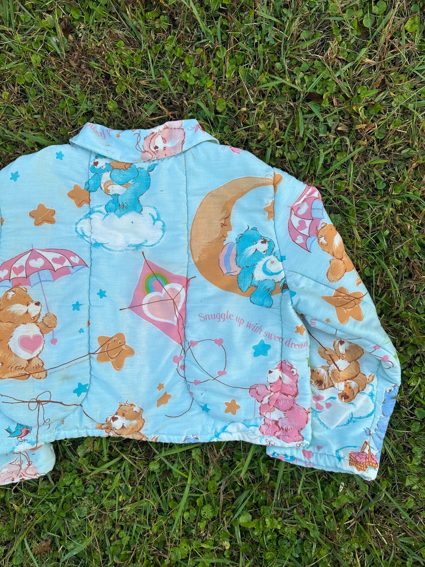 upcycled vintage carebears sleeping bag coat