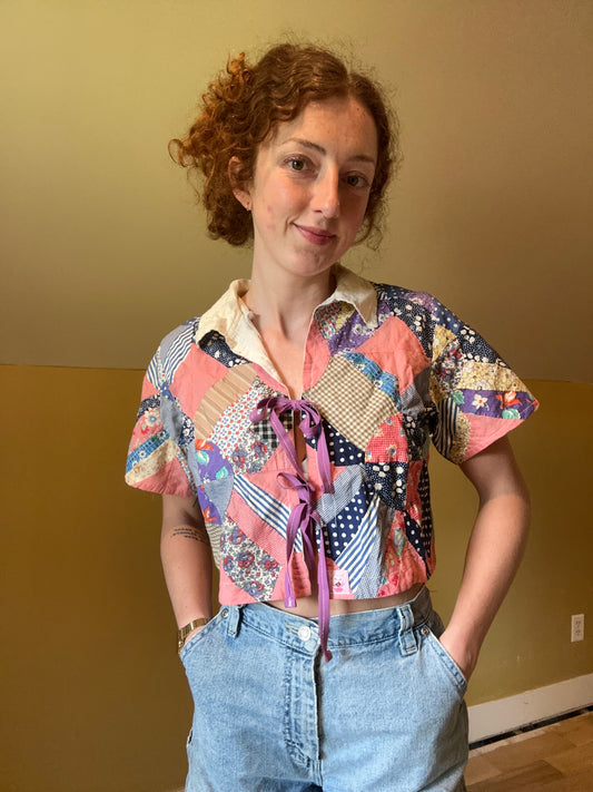 upcycled vintage quilt topper front tie shirt