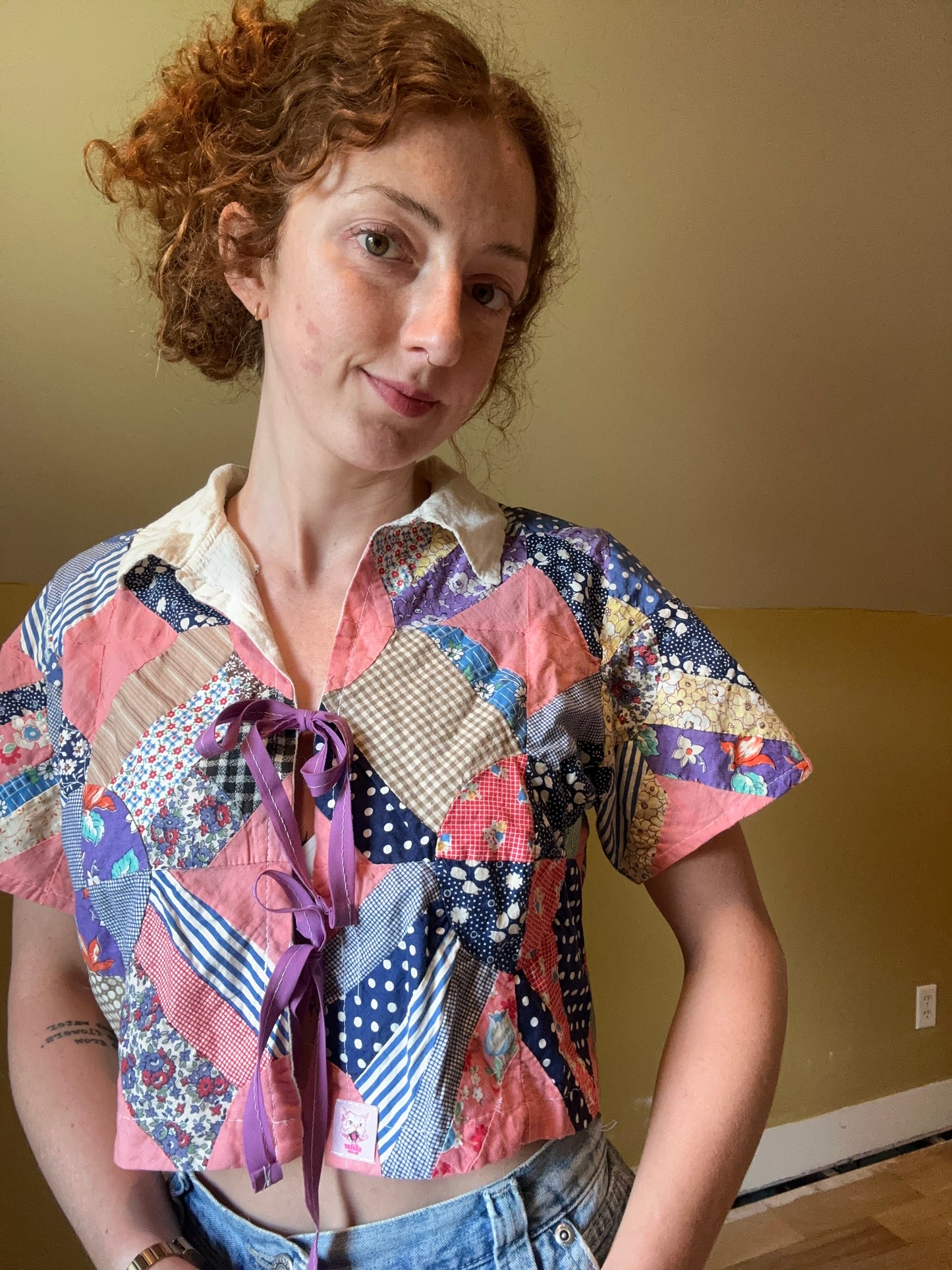 upcycled vintage quilt topper front tie shirt