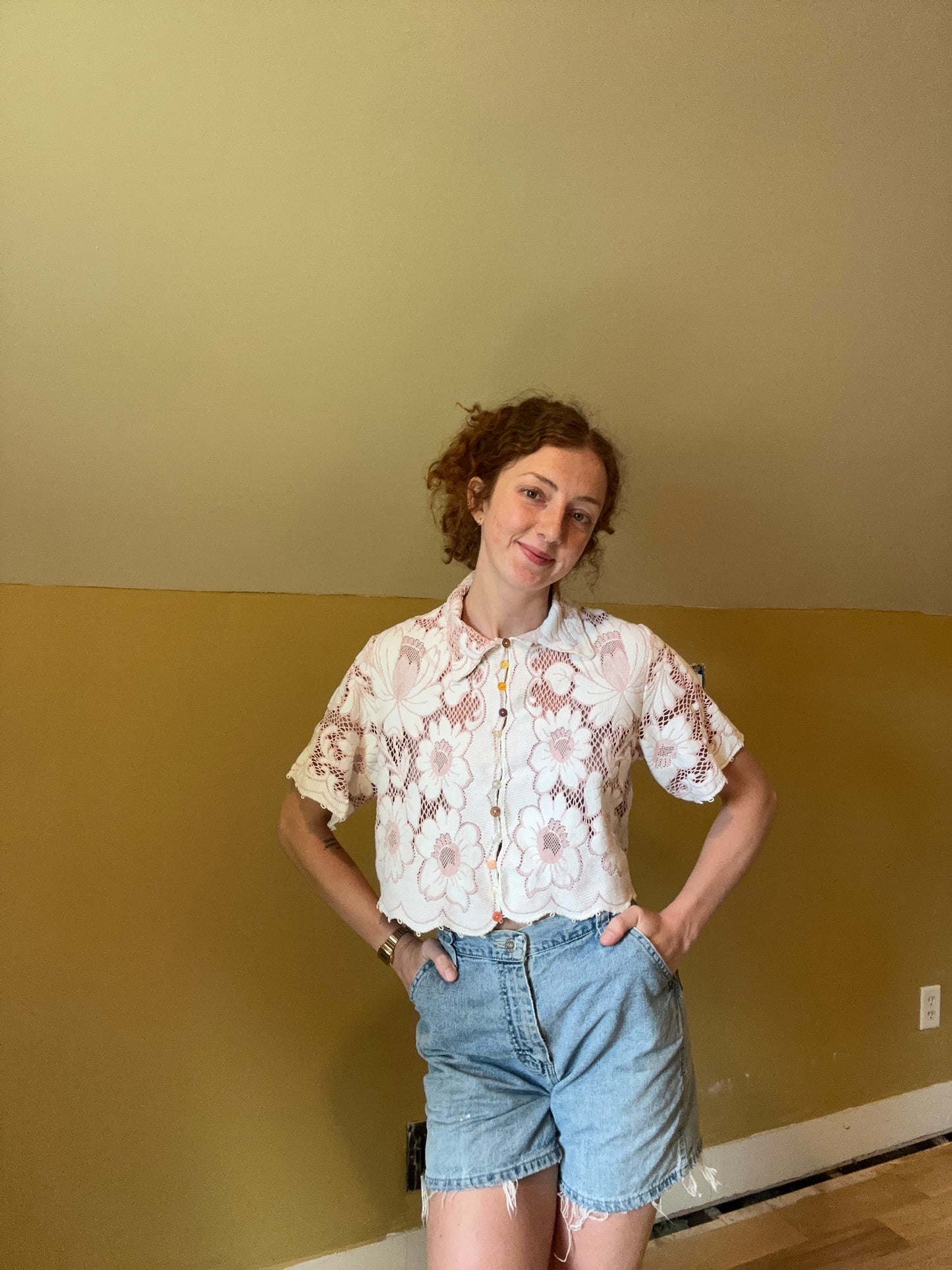 upcycled vintage Quaker lace button up shirt