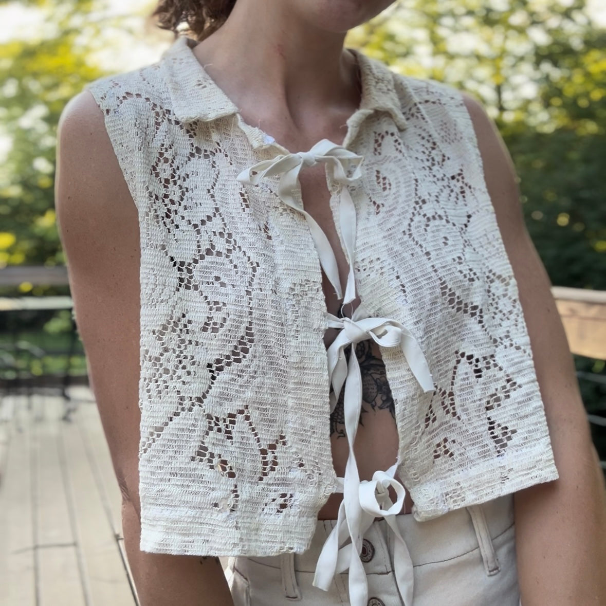 upcycled vintage scranton 100% cotton lace tablecloth front tie vest
