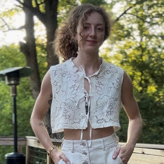 upcycled vintage scranton 100% cotton lace tablecloth front tie vest