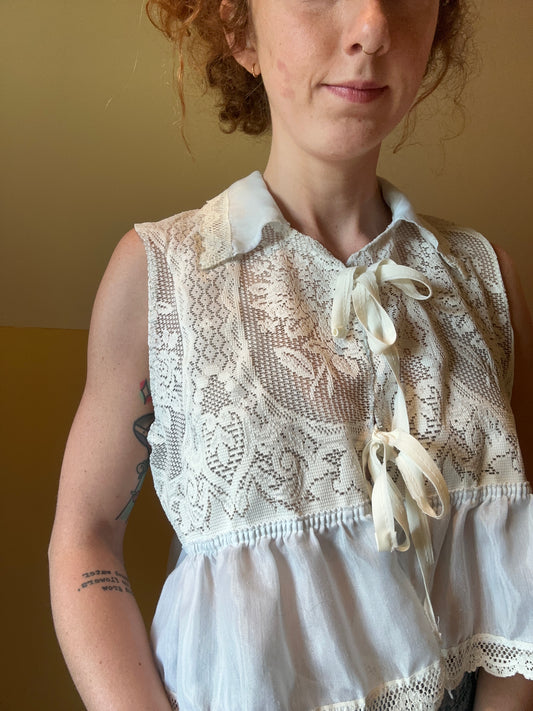 upcycled vintage lace front tie vest