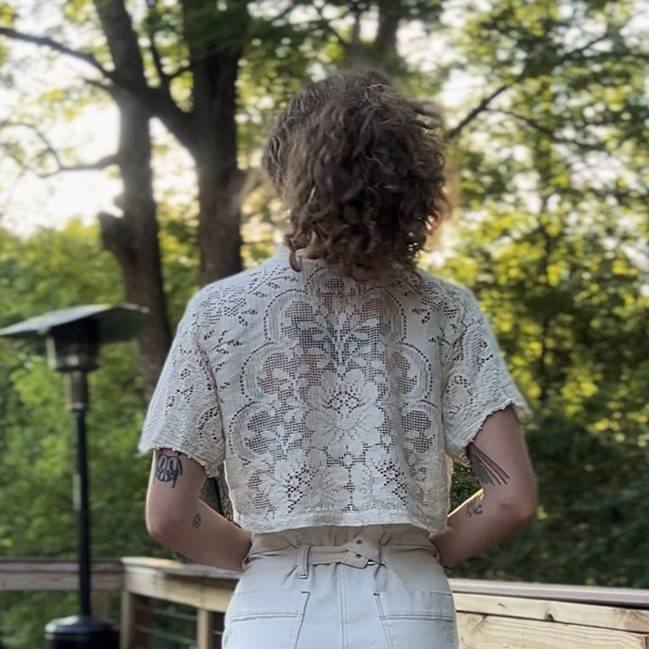 upcycled vintage scranton 100% cotton lace tablecloth front tie shirt