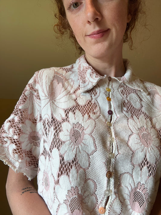upcycled vintage Quaker lace button up shirt